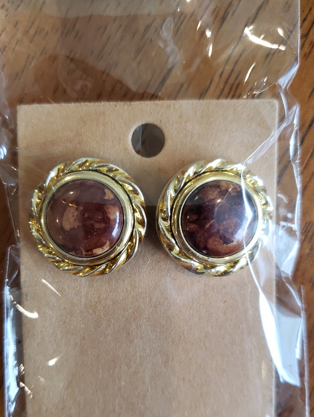 3/$20 Gold-Tone Rope Frame Brown Stone Pierced Earrings